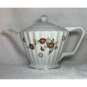Tuscany Teapot Ribbed White With Orange & Gold Flowers Great Condition Vintage